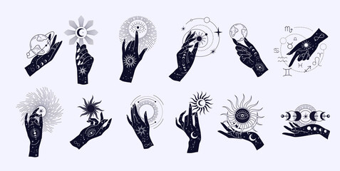 Spiritual esoteric magic logo or talisman with woman hands in silhouette style with stars, sacred geometry moon and sun. Alchemy mystic tattoo object logo template. Vector