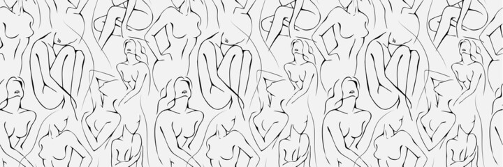 Vector seamless pattern with woman in minimal linear style Fashion illustration by femininity, beauty and modern art. Abstract poster and t-shirt print Vector