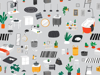Vector seamless pattern with stylish comfy furniture and modern home decorations in trendy Scandinavian or hygge style. Cozy Interior furnished home plants for sleeping. Flat vector
