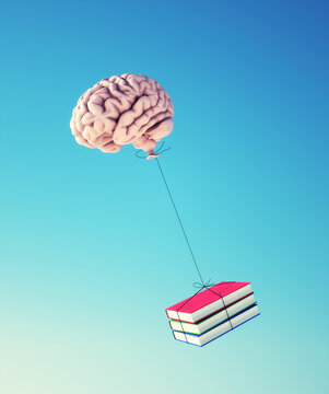 Human brain carries a stack of books.