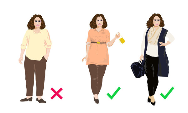 dress tips for plus size girl, people flat portrait vector