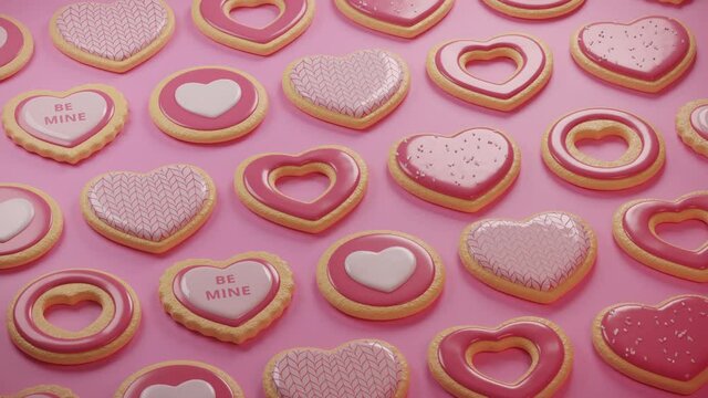 Valentine’s Day festive heart shaped sugar cookies with patterns, “Be mine” signs. Bright pink background. Realistic sweet candies. Handmade valentines, greetings. Seamless loop 3D Render 4K animation