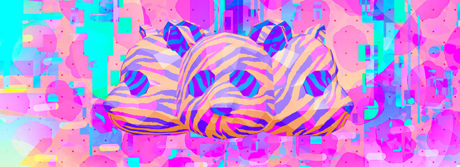 Minimalistic stylized collage banner art. 3d render creative panda head design. Party concept © Porechenskaya