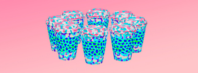 Minimalistic stylized collage banner art. 3d render creative coffee cup design. Party, food concept