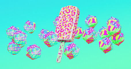 Minimalistic stylized collage banner art. 3d render creative ice cream design. Party, candy shop,...