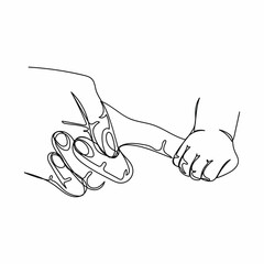 Continuous one simple single abstract line drawing of little baby holding mother s hand icon in silhouette on a white background. Linear stylized.