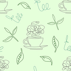 Seamless pattern, hot tea and tea leaves. Design for menus, cafes, restaurants and decoration