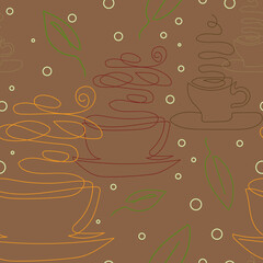 Seamless pattern, hot tea cups and tea leaves. Continuous line hand-drawn design for menus, restaurants, cafes or textiles