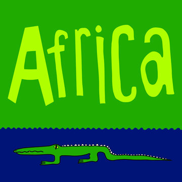 Lettering Africa with cartoon crocodile image on blue green background