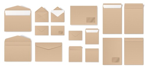 Realistic craft envelope with letters, open and closed envelopes mockups. Paper mail holder in different sizes, letter packaging vector set. Objects for correspondence and business documents