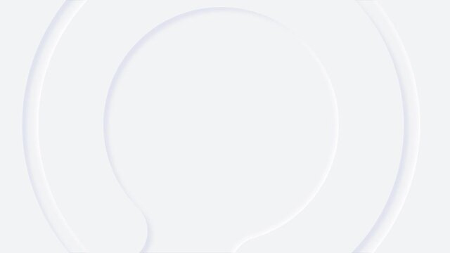 White clean background. White neomorph circles rotating in slow motion, copy space, loopable