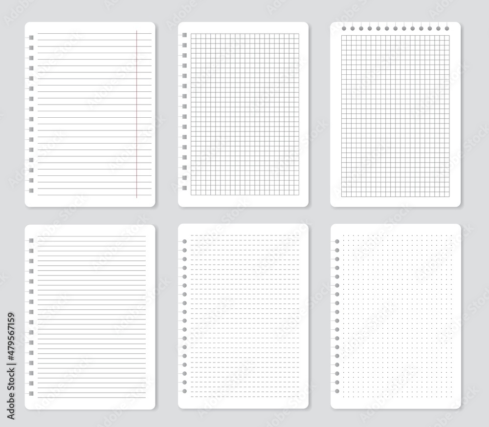 Poster squared notebook pages, lined paper sheets, notepaper. school notepad with lines or dots, blank memo