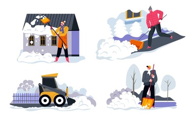 Obraz premium People cleaning road and yard from snow in winter