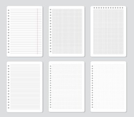Squared notebook pages, lined paper sheets, notepaper. School notepad with lines or dots, blank memo papers, notebooks sheet vector set. Reminder or diary elements for writing information