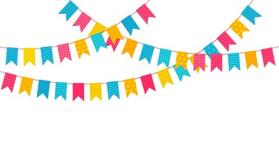 Colorful bunting flags or festive garlands for birthday party celebration. Hanging buntings and garland, carnival decoration vector background. Surprise holiday celebration for children
