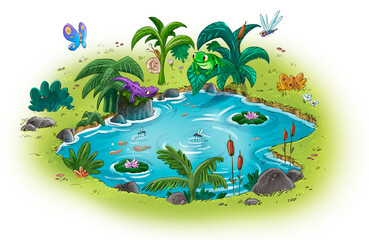 Fototapeta na wymiar Illustration of small pond with animals