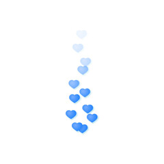 Flying blue hearts isolated on white background. A stream of hearts that gradually disappears. The concept of social networks and live broadcasts.