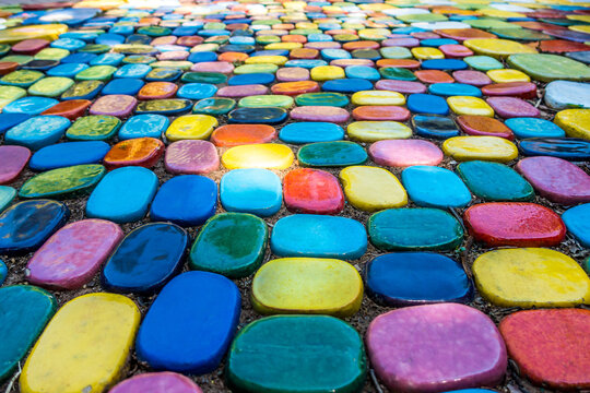 Art colorful pattern stone of footpath walkway outdoor in the garden with exterior design concept idea