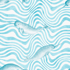 Obraz premium Watercolor blue teal narwhals wavy stripes seamless pattern background