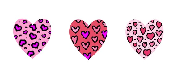 Set of hearts with leopard pattern in pink color. Valentines Day greeting card