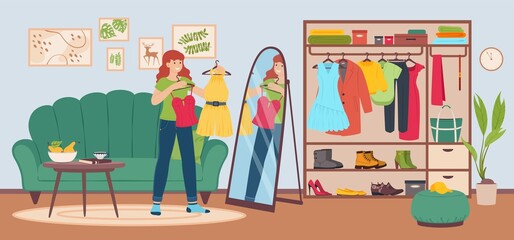 Young woman choosing outfit to wear in home wardrobe. Girl holding clothes, trying different clothing and looking in mirror vector illustration. Character holding dress and top and making decision