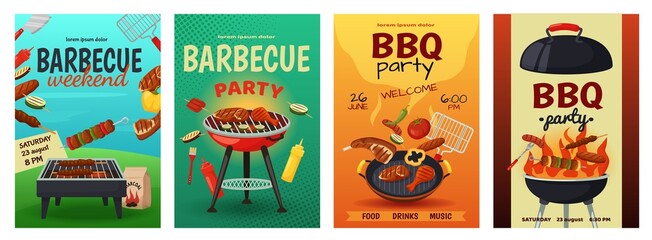 Barbecue posters, bbq grill party flyer template. Outdoor picnic invite, summer cookout event invitation with food on grills vector set. Equipment with roasted meat and vegetables for festival - obrazy, fototapety, plakaty