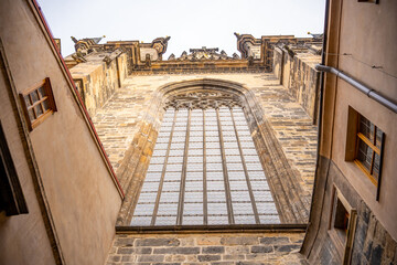 High angle view of Church of Our Lady before Tyn in the Old Town Square in Prague, Czech Republic 