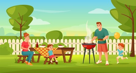 Obraz na płótnie Canvas Family with kids having outdoor barbecue party in backyard. Man grilling meat, parent and children doing summer bbq picnic vector illustration. Mother, father and children on weekend