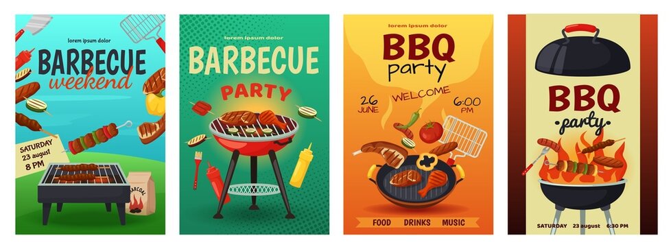 Barbecue posters, bbq grill party flyer template. Outdoor picnic invite, summer cookout event invitation with food on grills vector set. Equipment with roasted meat and vegetables for festival
