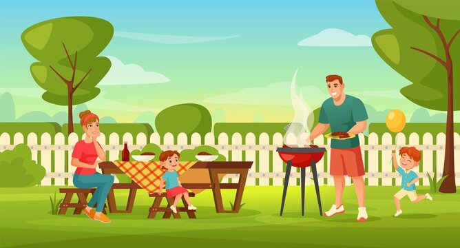 Family with kids having outdoor barbecue party in backyard. Man grilling meat, parent and children doing summer bbq picnic vector illustration. Mother, father and children on weekend