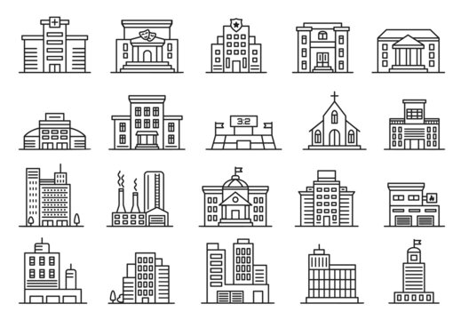 City building icon, stadium, cafe, government, hotel, bank, hospital. Office and apartment buildings, urban architecture line icon vector set. Historic theater and museum isolated on white
