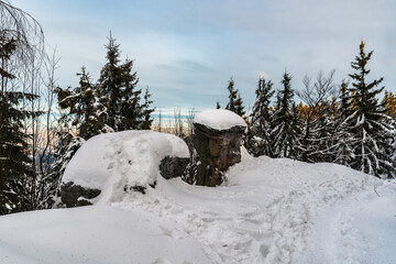Rock formatios on Kyrkawica hill in winter Beskid Slaski mountains on polish - czech borders