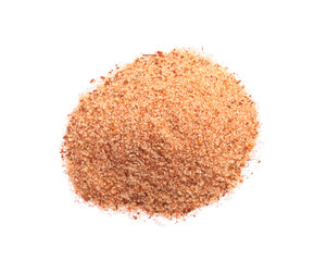 Heap of pink salt with spices on white background, top view