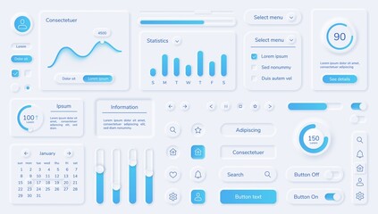Neumorphic user interface elements, mobile app ui design kit. Buttons, bars, sliders in neumorphism style for website or dashboard vector set. Menu with different minimal components - obrazy, fototapety, plakaty