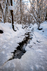 frozen small brook stream in winter covered with ice and snow