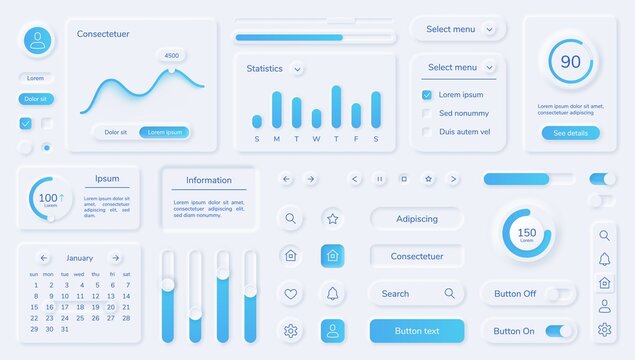 Neumorphic user interface elements, mobile app ui design kit. Buttons, bars, sliders in neumorphism style for website or dashboard vector set. Menu with different minimal components
