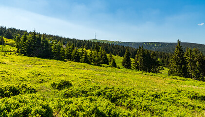 Praded hill from hiking trail near Svycarna hut in Jeseniky mountains in Czech republic