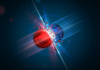 Red and blue particles collision. Vector illustration. Atom fusion, explosion concept. Abstract molecules impact. Atomic energy power blast, electrons protons collide. Two cores shatter destruction
