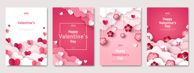 Fototapeta Valentine's day concept posters set. Vector illustration. 3d red and pink flowers, paper hearts, clouds with frame. Cute love sale banner, voucher, brochure template or greeting card. Place for text. obraz
