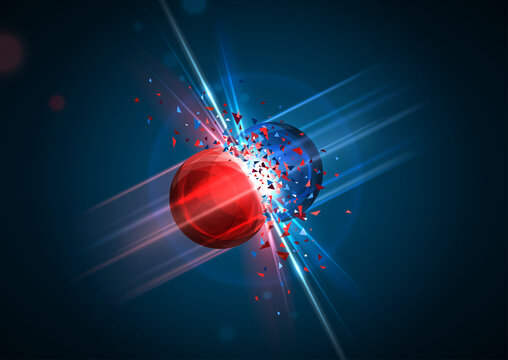 Red and blue particles collision. Vector illustration. Atom fusion, explosion concept. Abstract molecules impact. Atomic energy power blast, electrons protons collide. Two cores shatter destruction