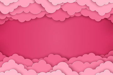 Happy Valentine's day blank empty background, beautiful paper rose clouds on pink background. Vector illustration. Papercut art. Place for text. Romantic sale brochure layout template, border header