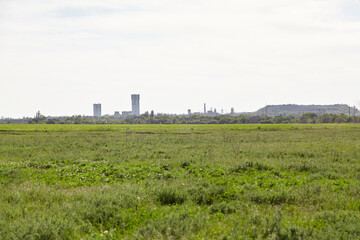 Meadow with green grass. There is mine pile on horizon