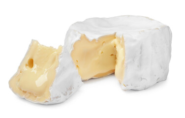 Tasty cut brie cheese on white background