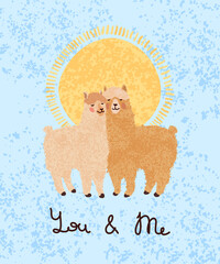 Vector colorful greeting card with cute illustration a couple of llamas in love. Flyers, invitation, poster, brochure, banner. Happy Valentines Day