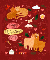 Happy Valentines Day. Vector colorful illustration of cute objects and elements for greeting cards. Flyers, invitation, poster, brochure, banner