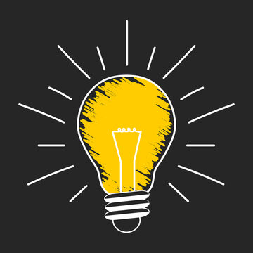 Yellow and white lightbulb written with chalk on a blackboard. Vector icon. Creativity inspiration or business solution illustration.