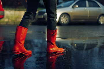 Fototapeta na wymiar Woman with red rubber boots walking in puddle, closeup. Rainy weather
