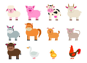 Farm animals set in flat style isolated on white background. Vector illustration. Cute cartoon animals collection: sheep, goat, cow, donkey, horse, pig, cat, dog, duck, goose, chicken, rooster 