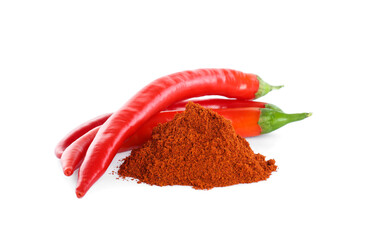 Fresh chili peppers and paprika powder on white background