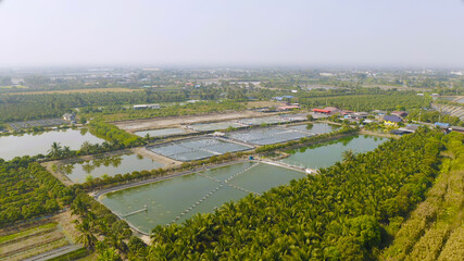 Aerial view of natural sea salt ponds, lake or sea. Farm field outdoor in traditional industry in Thailand. Asia culture. Agriculture irrigation. River reflection.